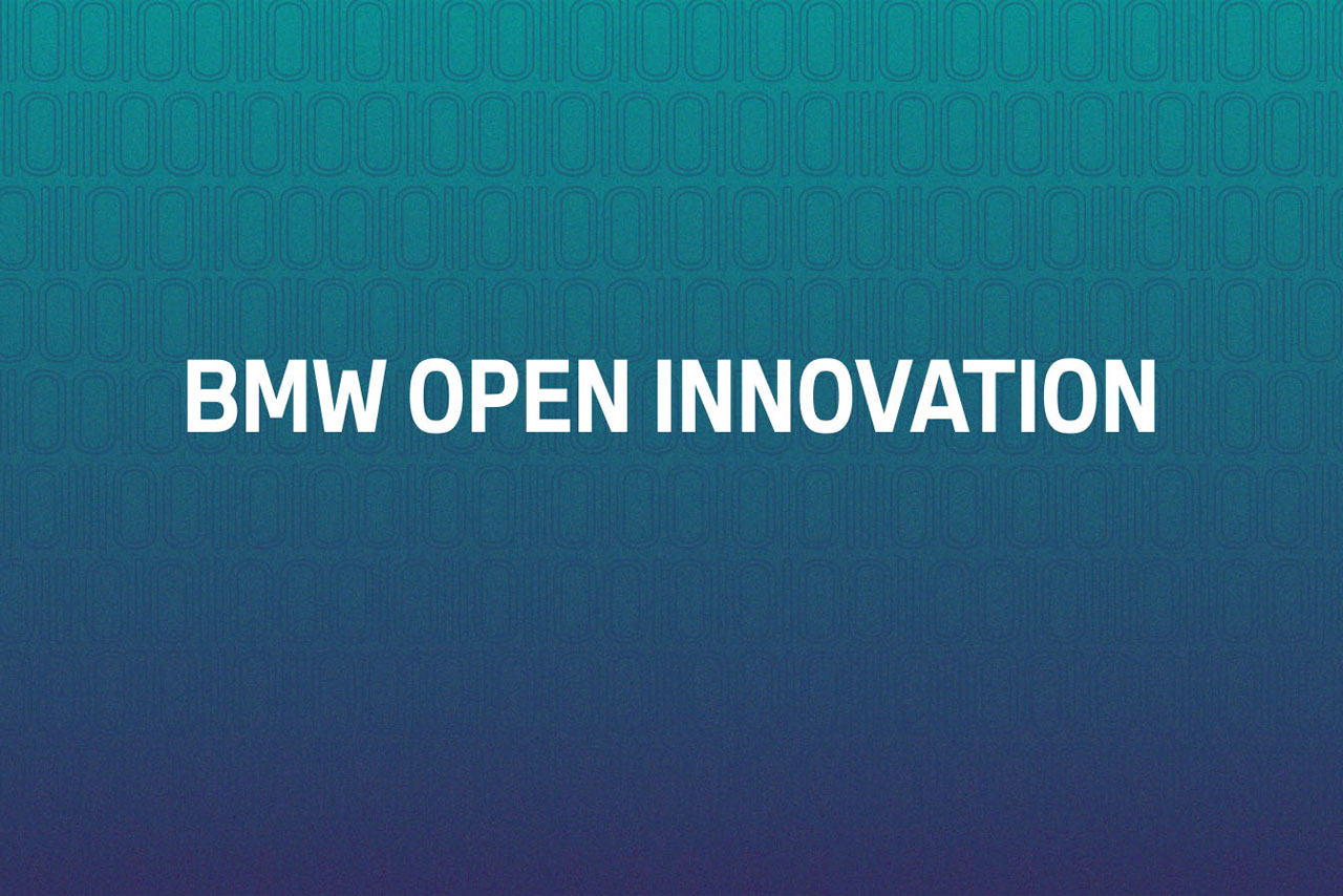 The text “BMW Open Ecosystem” in large white letters on a background with a color gradient from turquoise to blue.