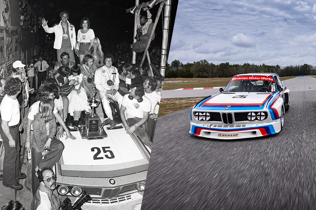 Cheers in Sebring: The BMW Motorsport team celebrate their first race victory in North America – with the trophy on their BMW 3.0 CSL (left). The BMW 3.0 CSL – car number 25 – out on the track with “Bavarian Motor Works” emblazoned across the top of the windscreen (right).