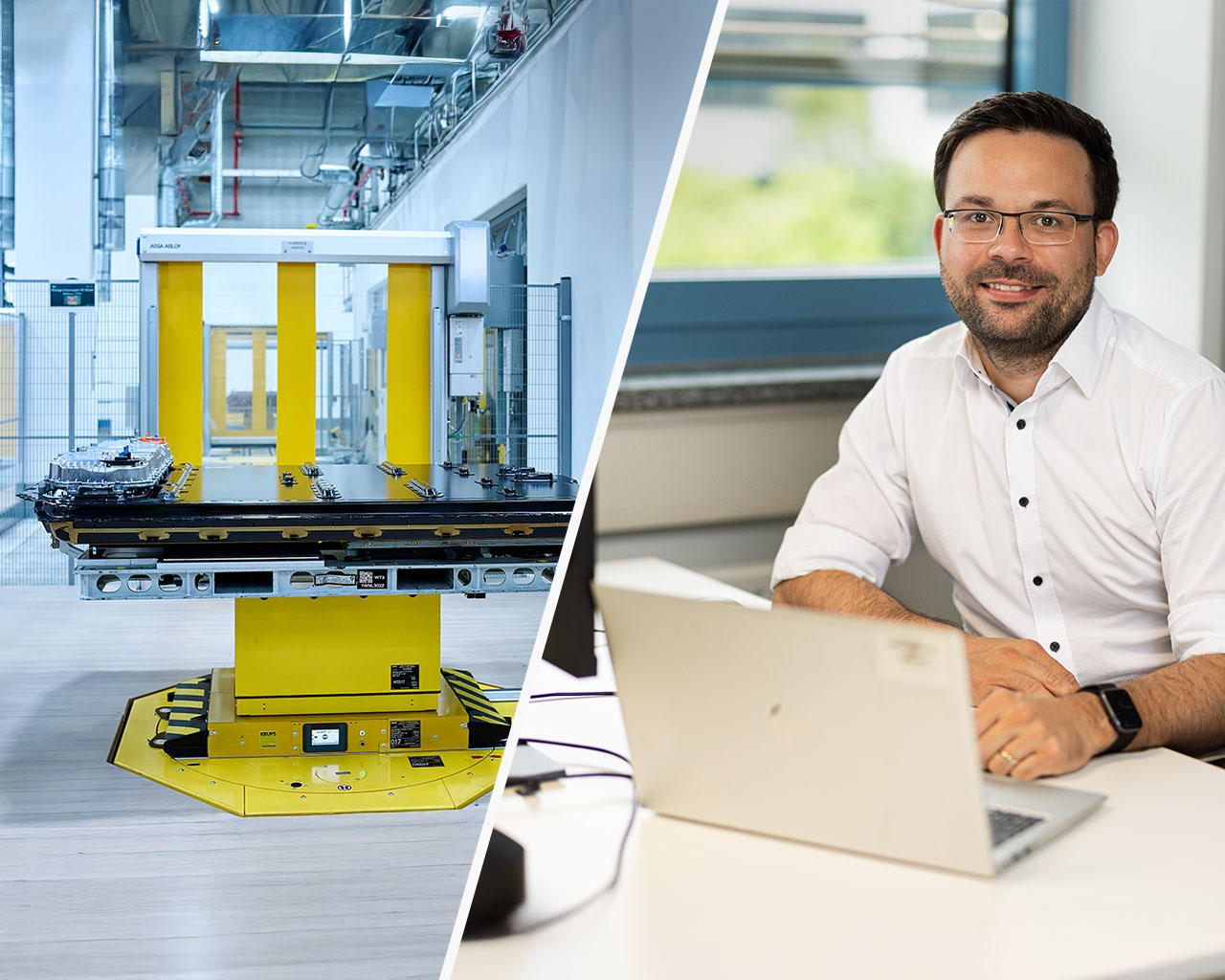 Links: Produktion von Hochvoltbatterien der Gen6 bei der BMW Group / Rechts: Patrick Zimmermann – Data Scientist und IT-Projektleiter bei der BMW Group