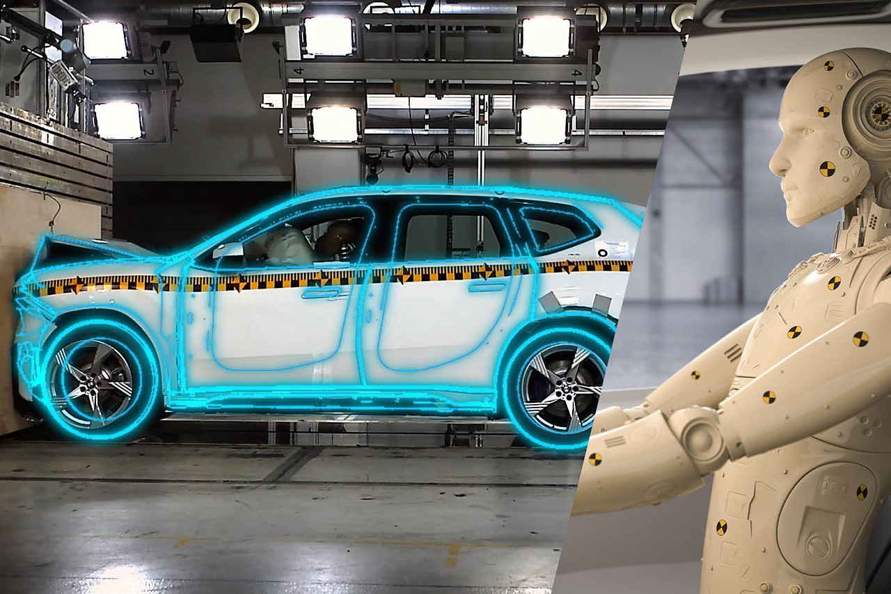 Two-part image showing BMW Group crash testing: the upper half depicts a real BMW SUV undergoing a physical impact test, while the lower half presents a virtual crash simulation that demonstrates hybrid homologation.