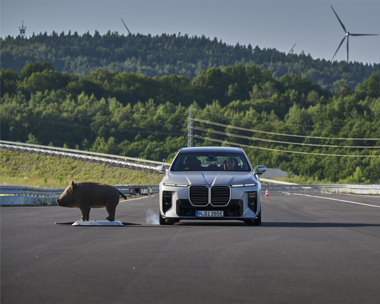 A white car is parked on a street in front of a life-size model of a hippopotamus, with a forest and wind turbines in the background.