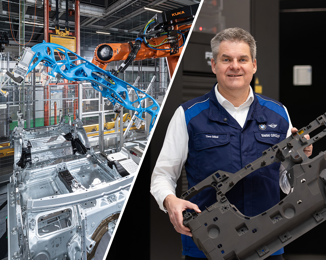 Timo Göbel, Head of Additive Manufacturing at the BMW Group, holds an additively manufactured component at the BMW Group’s Additive Manufacturing Campus. 