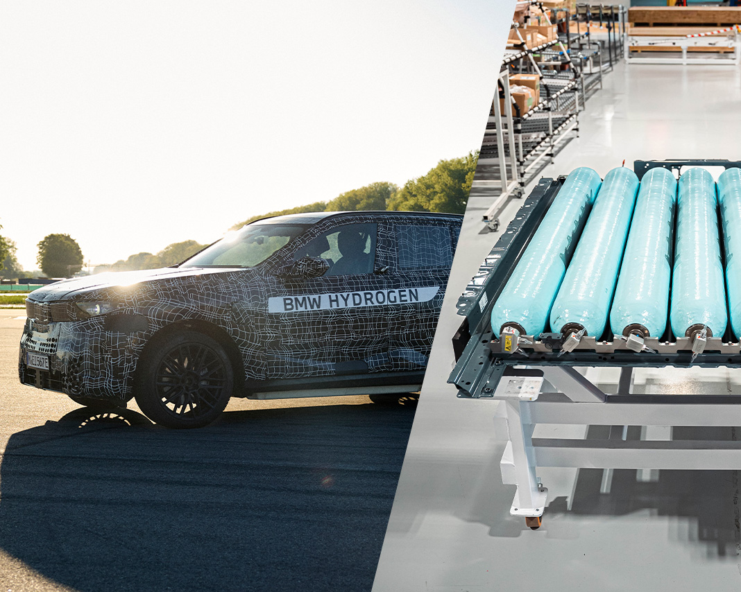 Doppelmotiv: getarnter BMW iX5 Hydrogen (links) und Hochdruck-Wasserstofftanks des neuen BMW Hydrogen Flachspeichers.