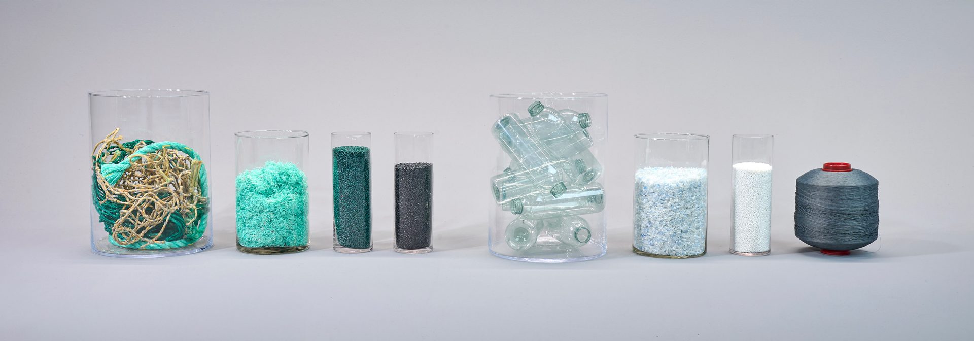Sustainable materials: Fishing nets/ropes, shredded fishing nets/ropes, granulate made from 100 percent fishing nets/ropes, compounds, PET bottles, PET flakes, granulate made from 100% PET bottles, thread