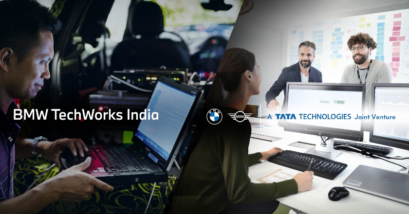 Links arbeitet ein Mensch an einem Laptop, mit dem Text „BMW TechWorks India“. Rechts sitzt eine Frau an einem Schreibtisch, zwei Männer stehen davor, mit den Logos von BMW und MINI sowie die Aufschrift „A TATA TECHNOLOGIES Joint Venture“.