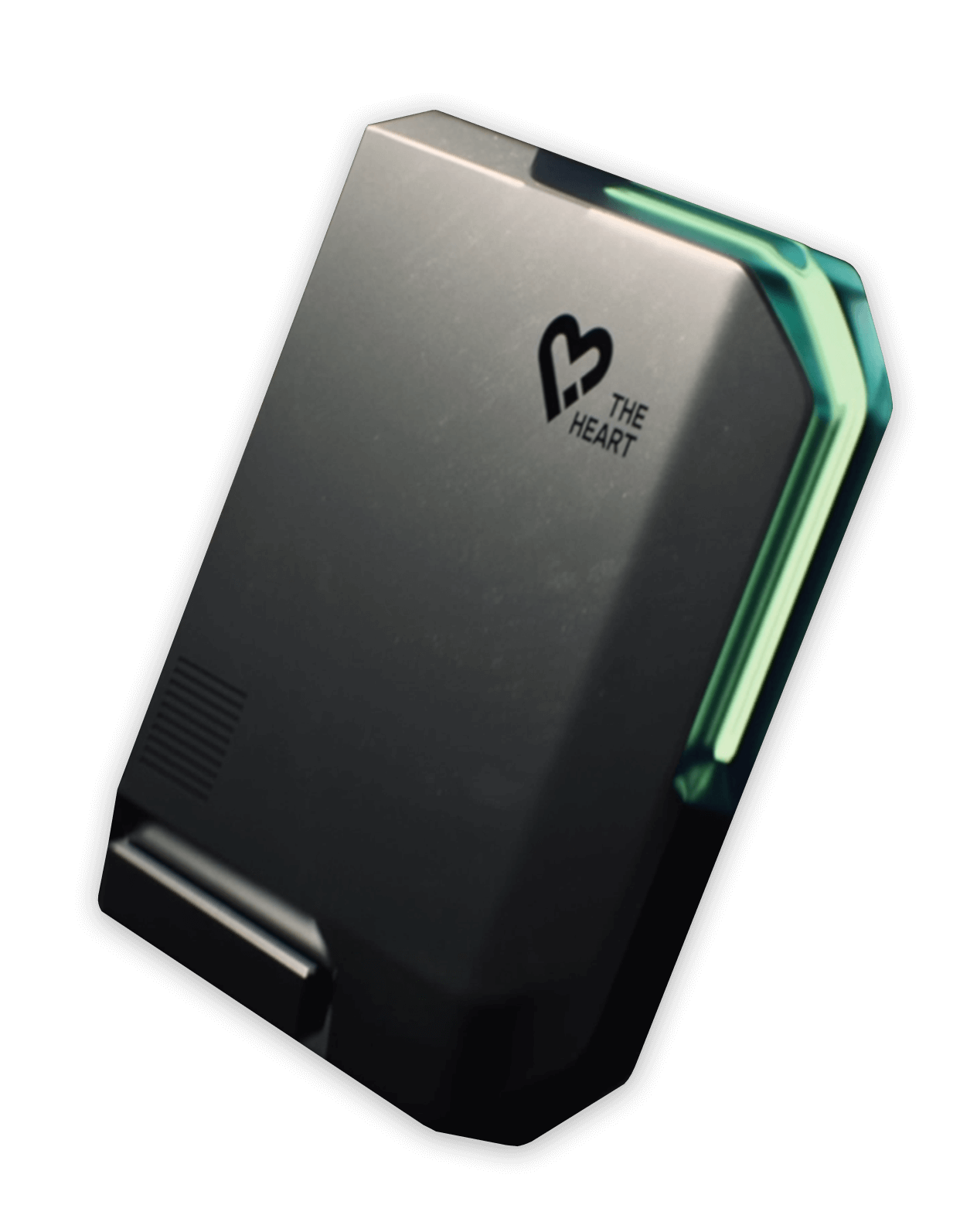 Dunkles Steuerger&auml;t &bdquo;Heart of Joy&ldquo; mit seitlichem Leuchtelement, Herzlogo auf der Geh&auml;useoberseite und technischer Strukturfl&auml;che am unteren Bereich.