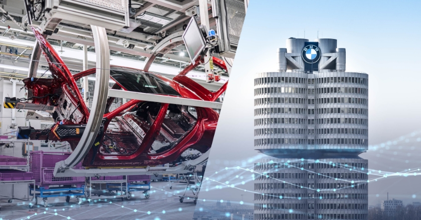 Rote Fahrzeugkarosserie in einer Produktionsanlage neben der BMW Firmenzentrale, verbunden durch ein digitales Netzwerkmotiv.