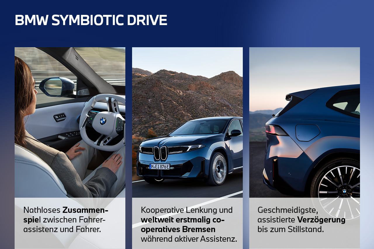 Dreiteilige Darstellung: Links Frau am Steuer eines BMW mit Blick auf Lenkrad und Außenspiegel, Mitte blauer BMW vor felsiger Landschaft, rechts Heckansicht des Fahrzeugs mit betontem Rücklicht und Rad.