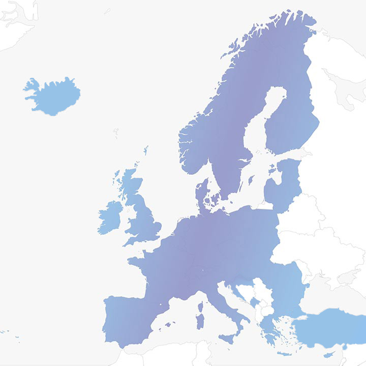 Landkarte von Europa, der Bereich in dem es Car Data gibt ist blau eingefärbt.