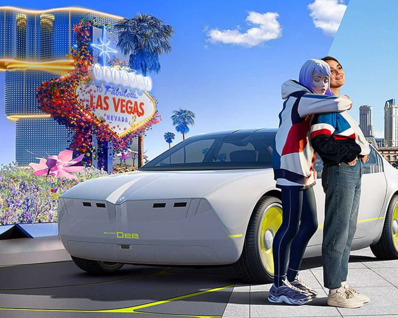 Künstlerische Darstellung eines modernen Fahrzeugs in Las Vegas mit Charakteren.