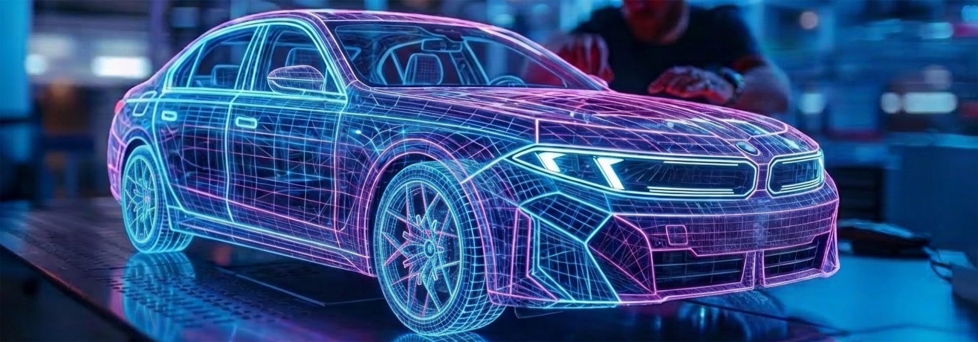 Blick auf einen Arbeitstisch, auf dem ein BMW Coupé aus Lichtlinien steht, das offenbar von einem BMW-Mitarbeiter manuell gesteuert wird.