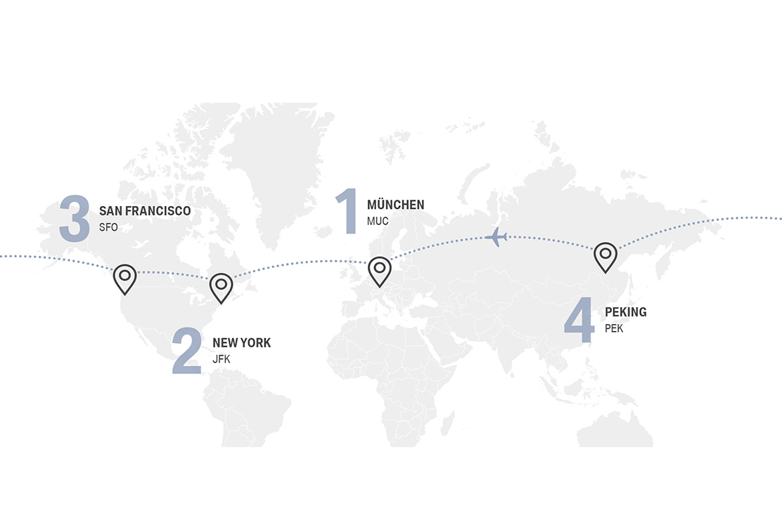 Eine Weltkarte mit den eingezeichneten 4 Destinationen