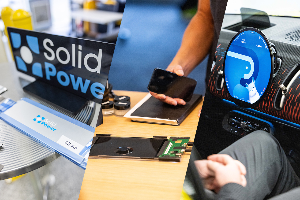 Drei Bilder: links ein Schild mit 'Solid Power', in der Mitte ein Smartphone auf einem Tisch, rechts ein Arm, der ein Steuergerät mit einem runden Display hält.