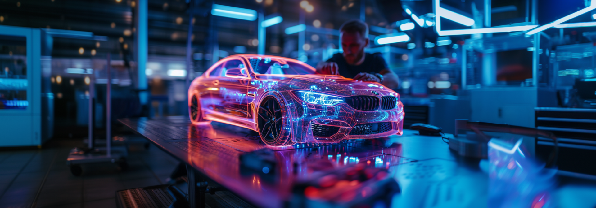 Blick auf einen Arbeitstisch, auf dem ein BMW Coupé aus Lichtlinien steht, das offenbar von einem BMW-Mitarbeiter manuell gesteuert wird.