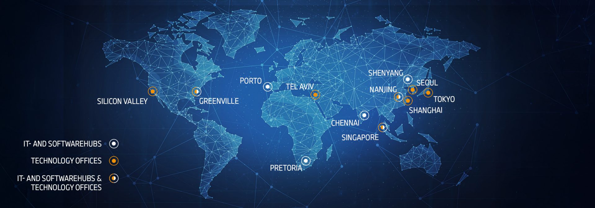 Weltkarte mit markierten Städten: Silicon Valley, Greenville, Porto, Tel Aviv, Chennai, Singapur, Pretoria, Shenyang, Naung, Seoul, Tokio, Shanghai. Verbindungsnetz aus Linien und Punkten.