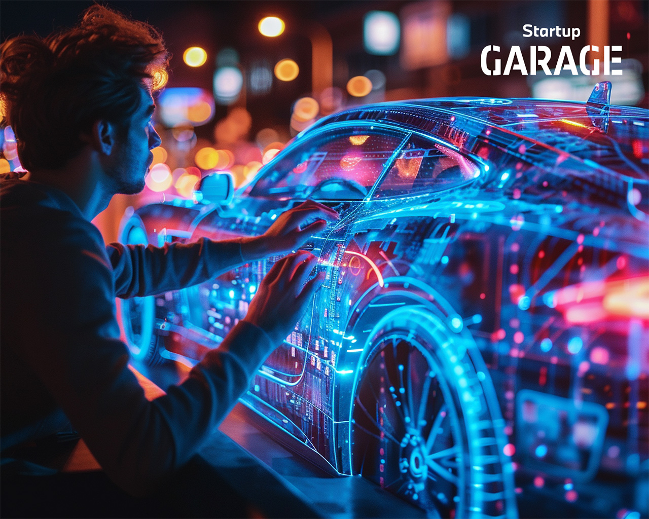 Moderne Büroumgebung mit Holzverkleidung, einem runden Tisch und schwarzen Stühlen. Im Hintergrund steht BMW Startup Garage an der Wand.