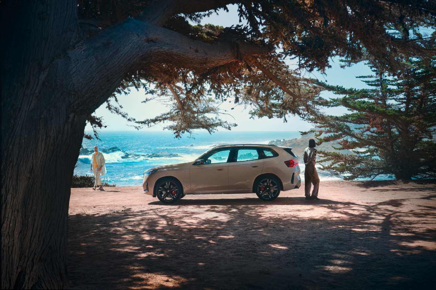 Helles BMW SUV steht im Schatten eines Baums an einer Küste, zwei Personen befinden sich in der Nähe mit Blick aufs Meer.