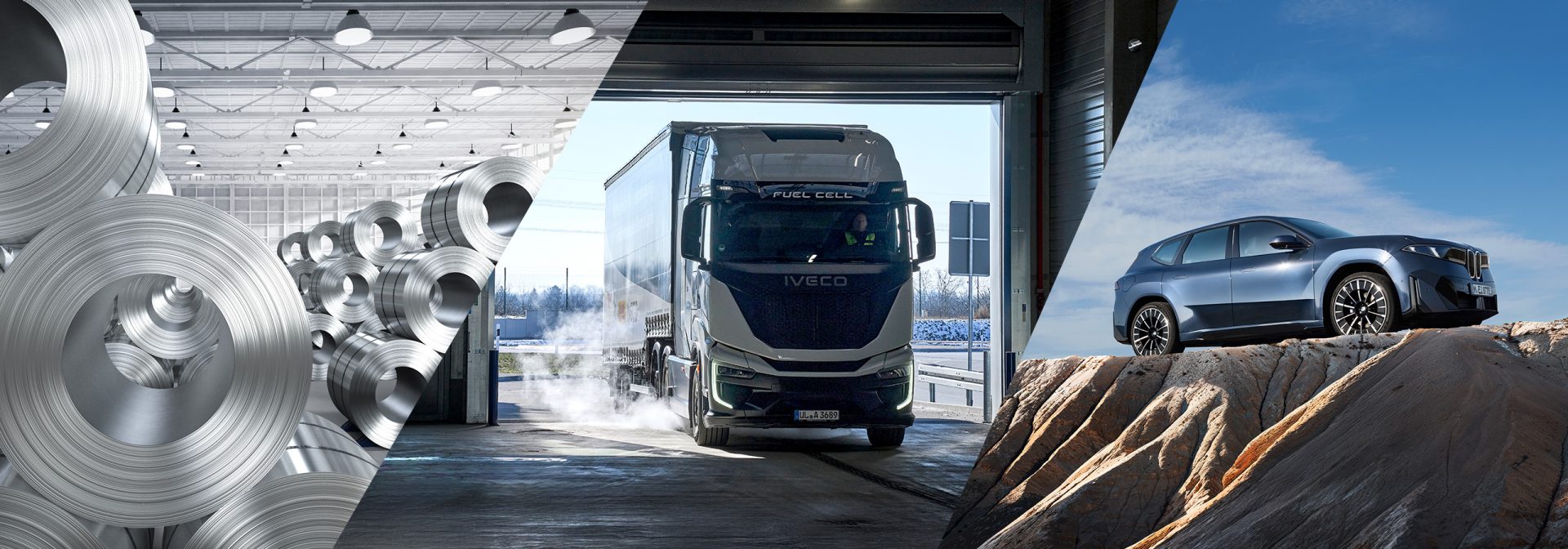 Ein Fahrzeug und ein Lkw befinden sich in einem großen Lagerraum.