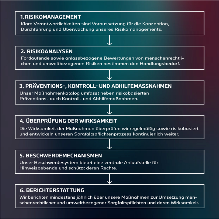 241025_BMWGroup_Sorgfaltsprozess_DE Visualisierung der sechs Phasen des Sorgfaltsprozesses, strukturiert und informativ für eine bessere Verständlichkeit.