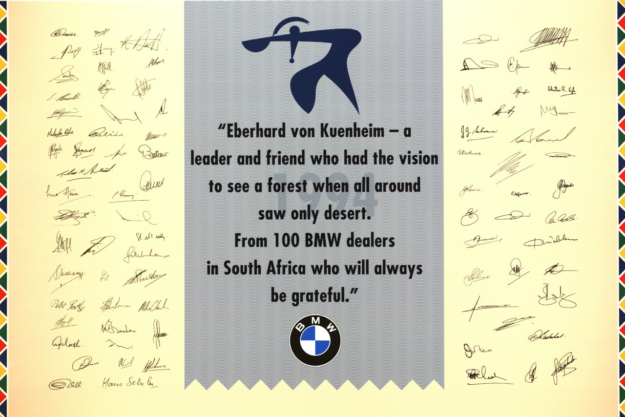 Danksagung an Eberhard Danksagung an Eberhard von Kuenheim von 100 BMW Händler aus Südafrika