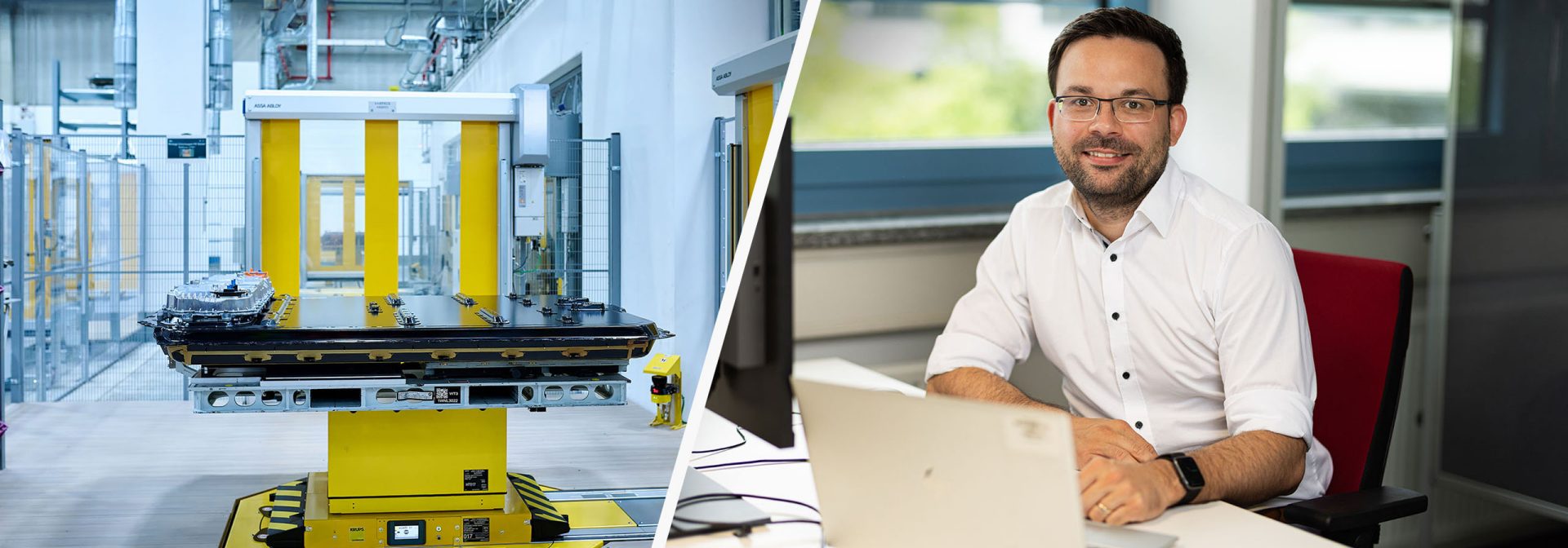 Links: Produktion von Hochvoltbatterien der Gen6 bei der BMW Group / Rechts: Patrick Zimmermann – Data Scientist und IT-Projektleiter bei der BMW Group