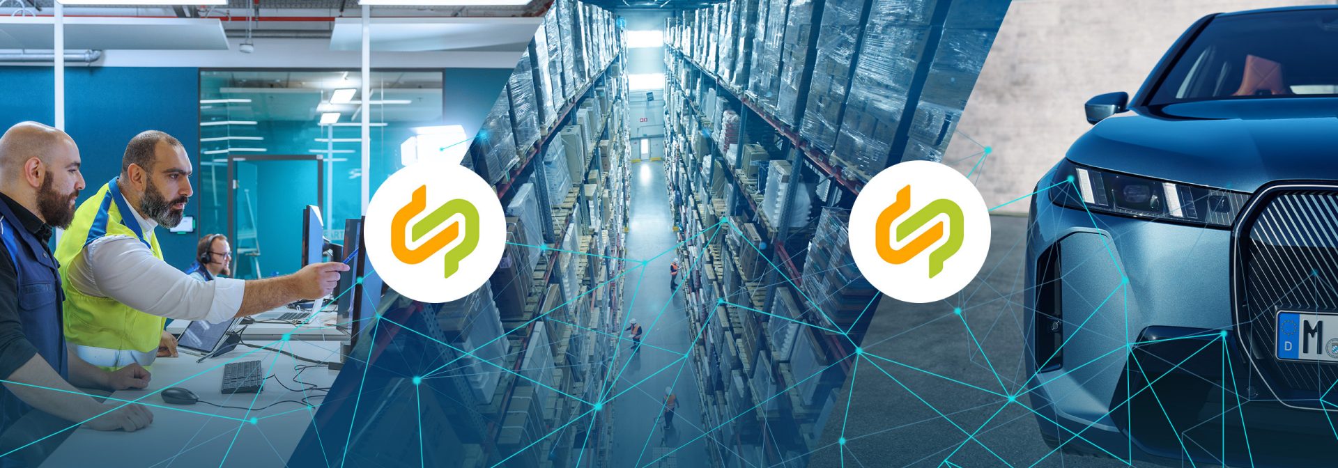 Collage zu Catena‑X: Mitarbeitender in einem Büro vor Monitoren (links), eine Lagerhalle mit arbeitenden Personen (Mitte), ein BMW iX  (rechts) – darüber ein Netzwerk aus Linien und zwei Catena‑X‑Logos als Hubs, das den digitalen Datenaustausch entlang der Lieferkette symbolisiert.