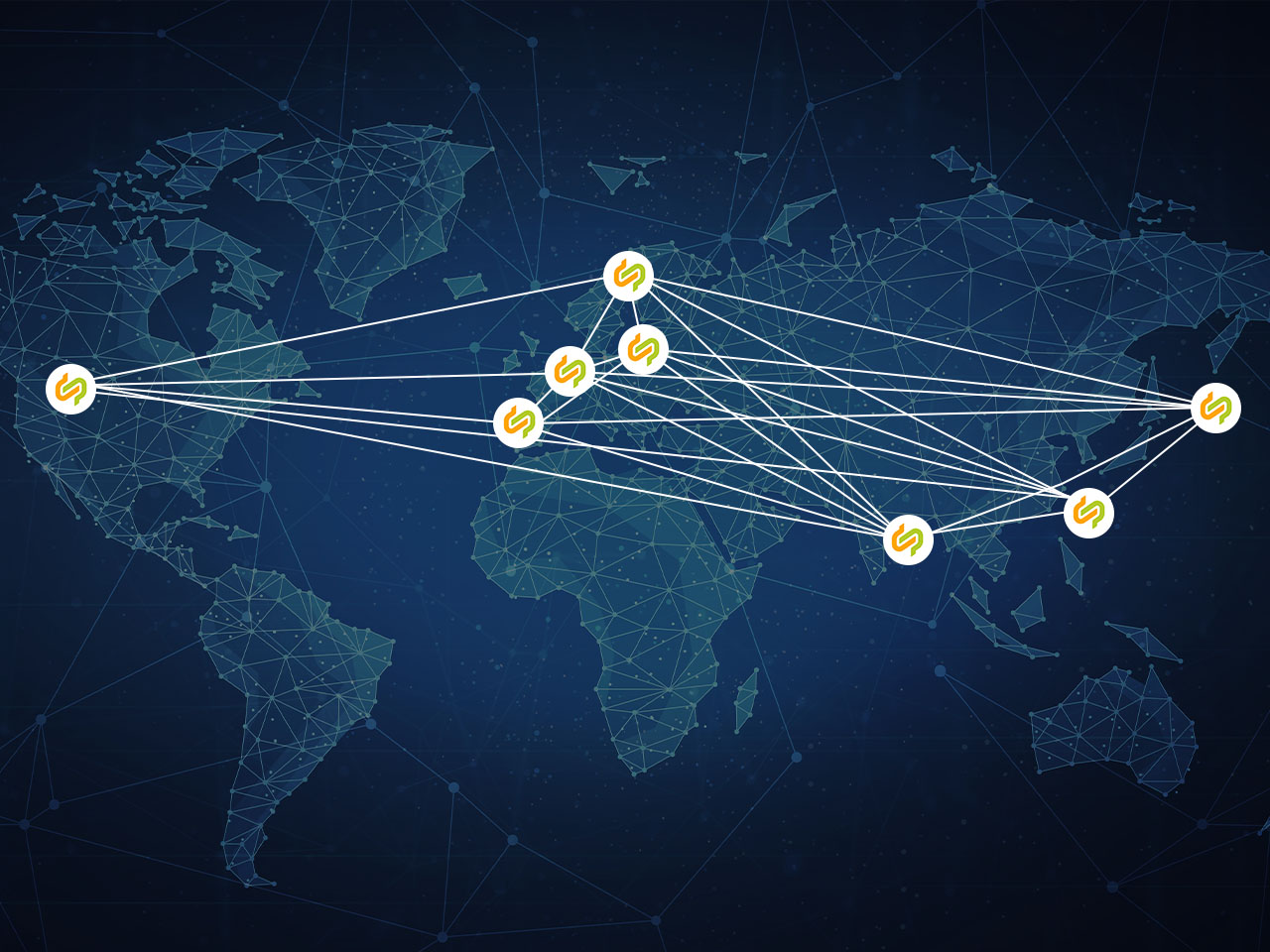 Grafik einer Weltkarte: Acht vernetzte Catena-X Hubs in Nordamerika, Europa und Asien mit digitalen Verbindungen, die den Datenaustausch symbolisieren.