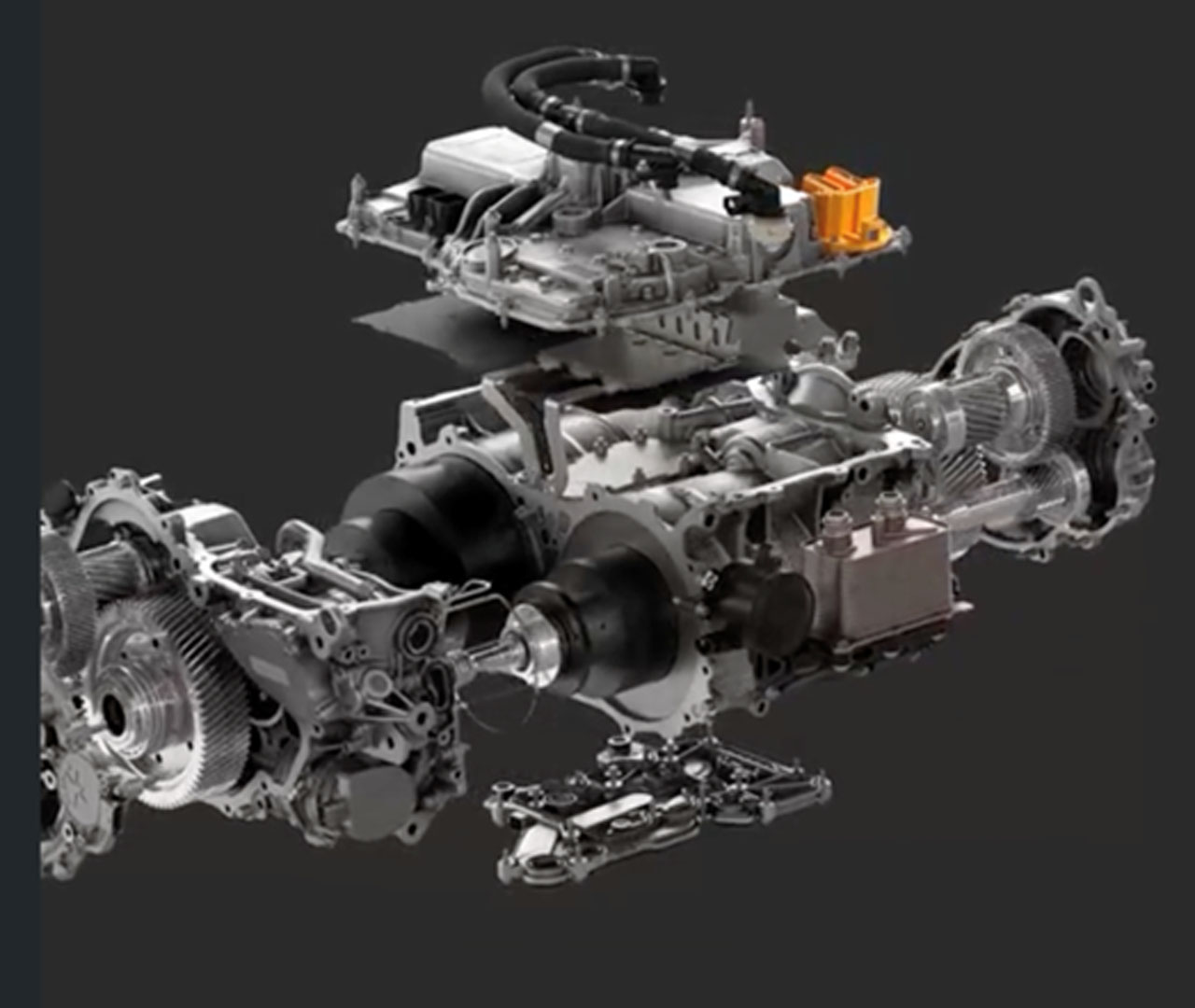 3D-Animation des BMW M eDrive Antriebs der zukünftigen vollelektrischen Modelle von BMW M: komplette Einheit rotiert, anschließend Explosionsdarstellung der Komponenten.