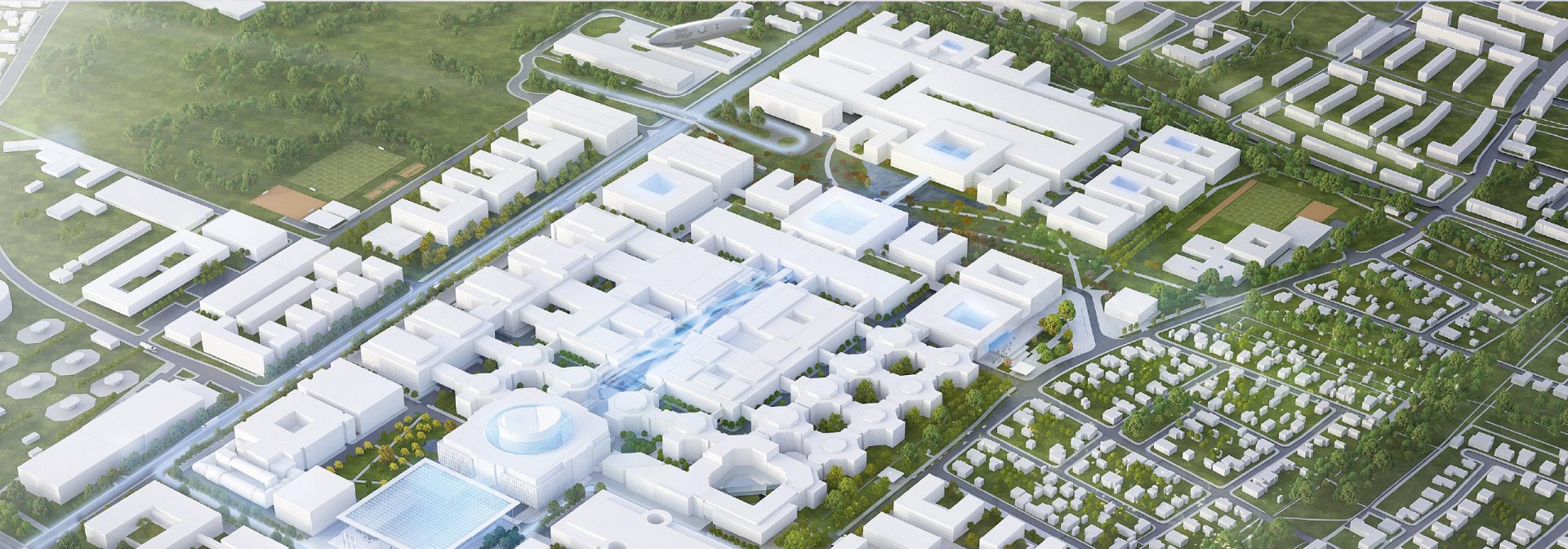 CGI-Luftaufnahme des Forschungs- und Innovationszentrums der BMW Group in der Zukunft.