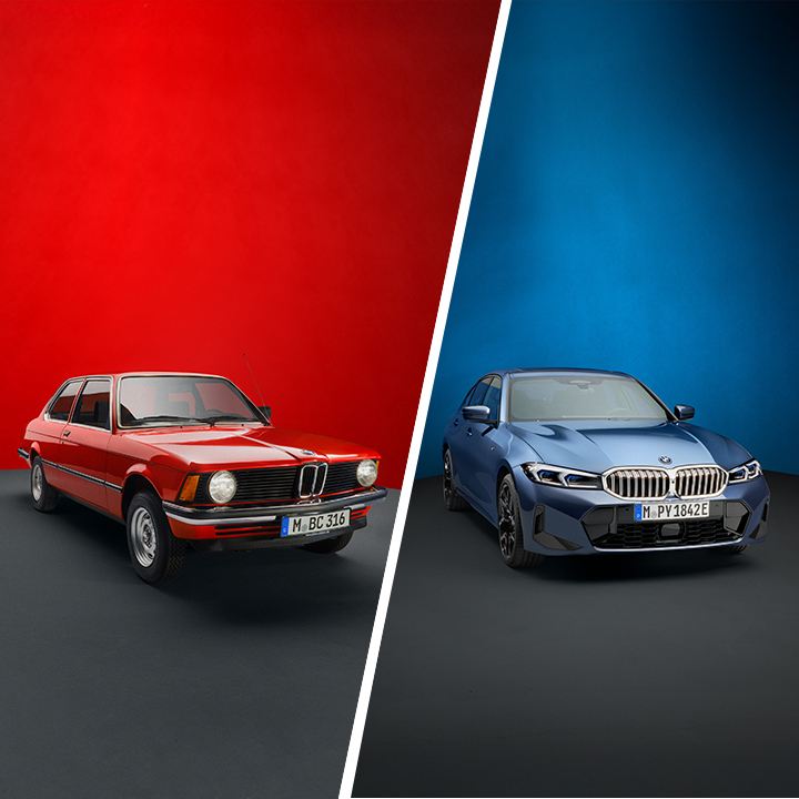 The first-ever – and the latest – BMW 3 Series: A BMW E21 in red (left) and a BMW G20 Sedan in blue (right), both pictured from the front right.