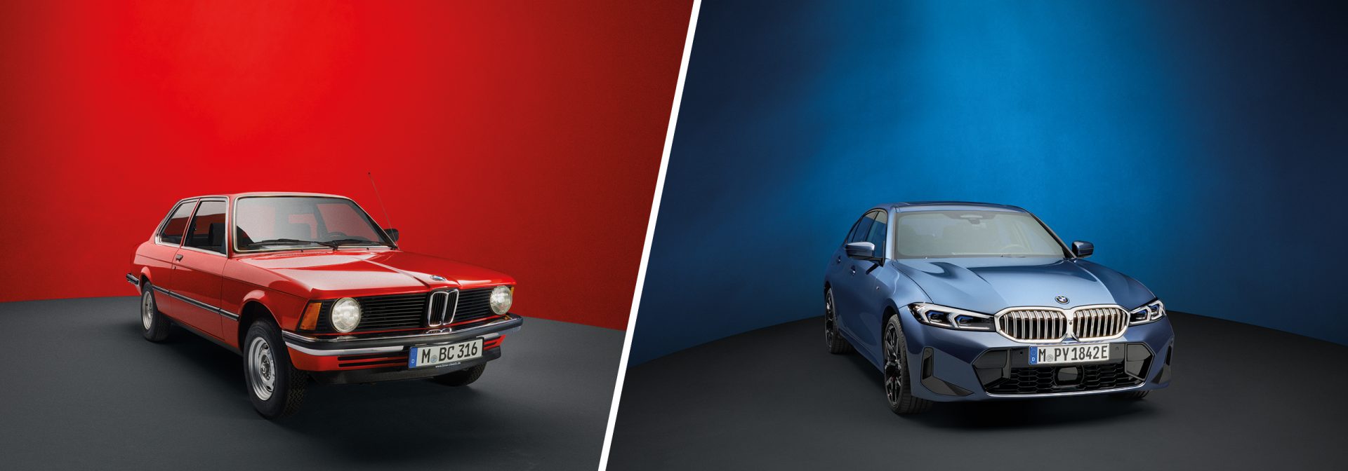The first-ever – and the latest – BMW 3 Series: A BMW E21 in red (left) and a BMW G20 Sedan in blue (right), both pictured from the front right.