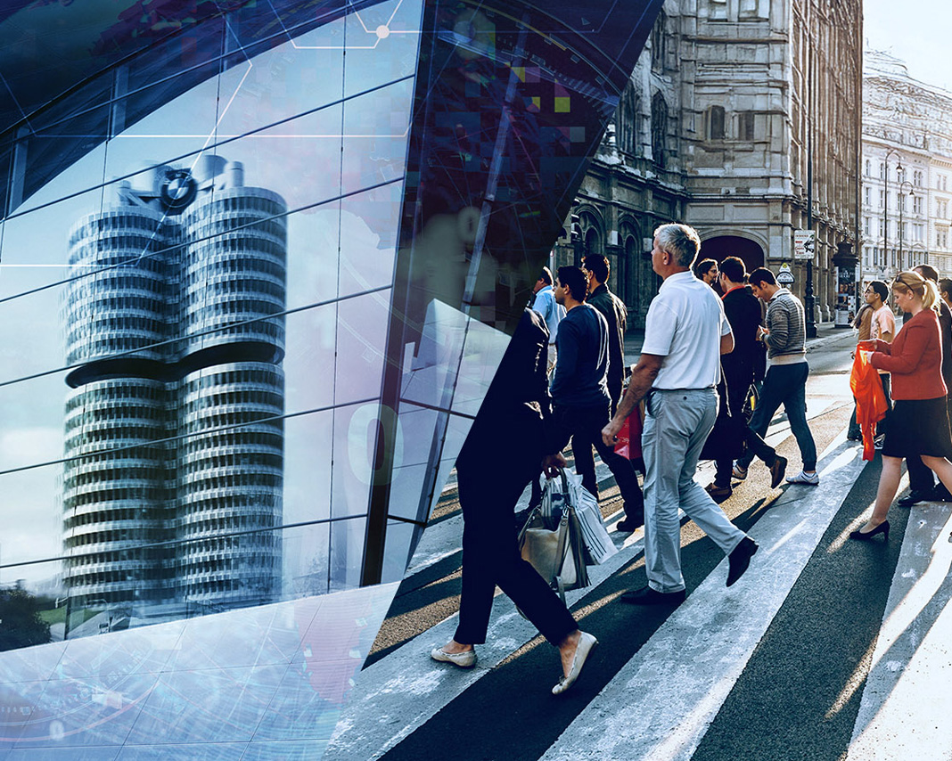 Image collage consisting of the BMW four-cylinder building and pedestrians crossing a zebra crossing.