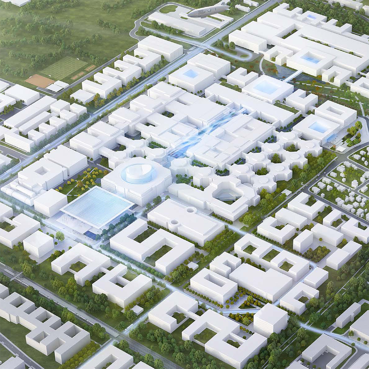 CGI aerial view of the BMW Group's research and innovation center in the future.
