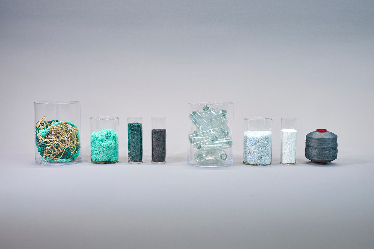 Sustainable materials: Fishing nets/ropes, shredded fishing nets/ropes, granulate made from 100 percent fishing nets/ropes, compounds, PET bottles, PET flakes, granulate made from 100% PET bottles, thread