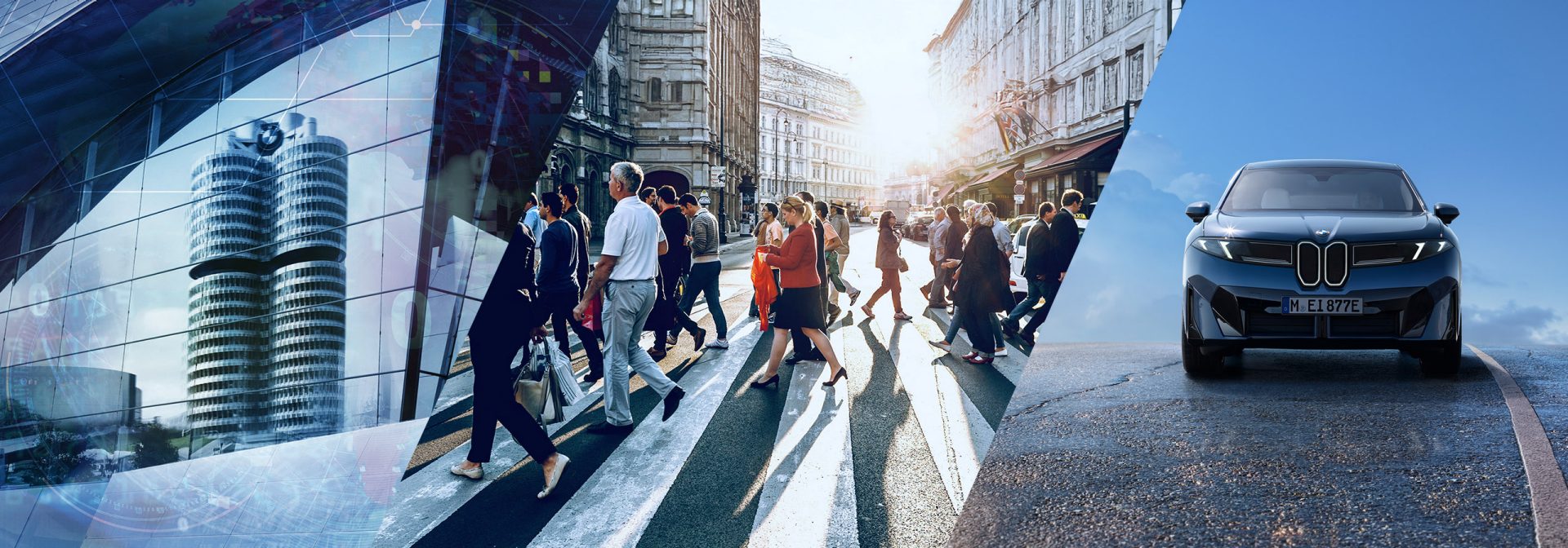 Image collage consisting of the BMW four-cylinder building, pedestrians crossing a zebra crossing, and a front view of a BMW iX3.
