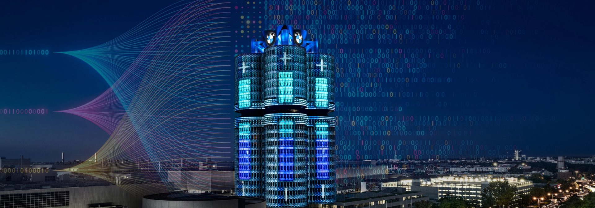 The BMW four-cylinder, which shines in blue lights, conveys a futuristic and elegant cityscape.