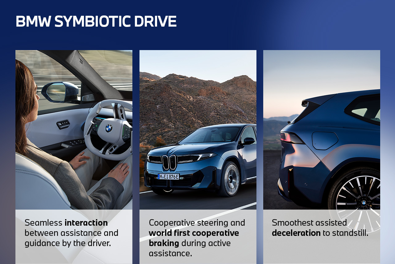 Three-part image: Left: woman driving a BMW, looking at the steering wheel and exterior mirror; center: blue BMW in front of a rocky landscape; right: rear view of the vehicle with emphasis on the taillight and wheel.