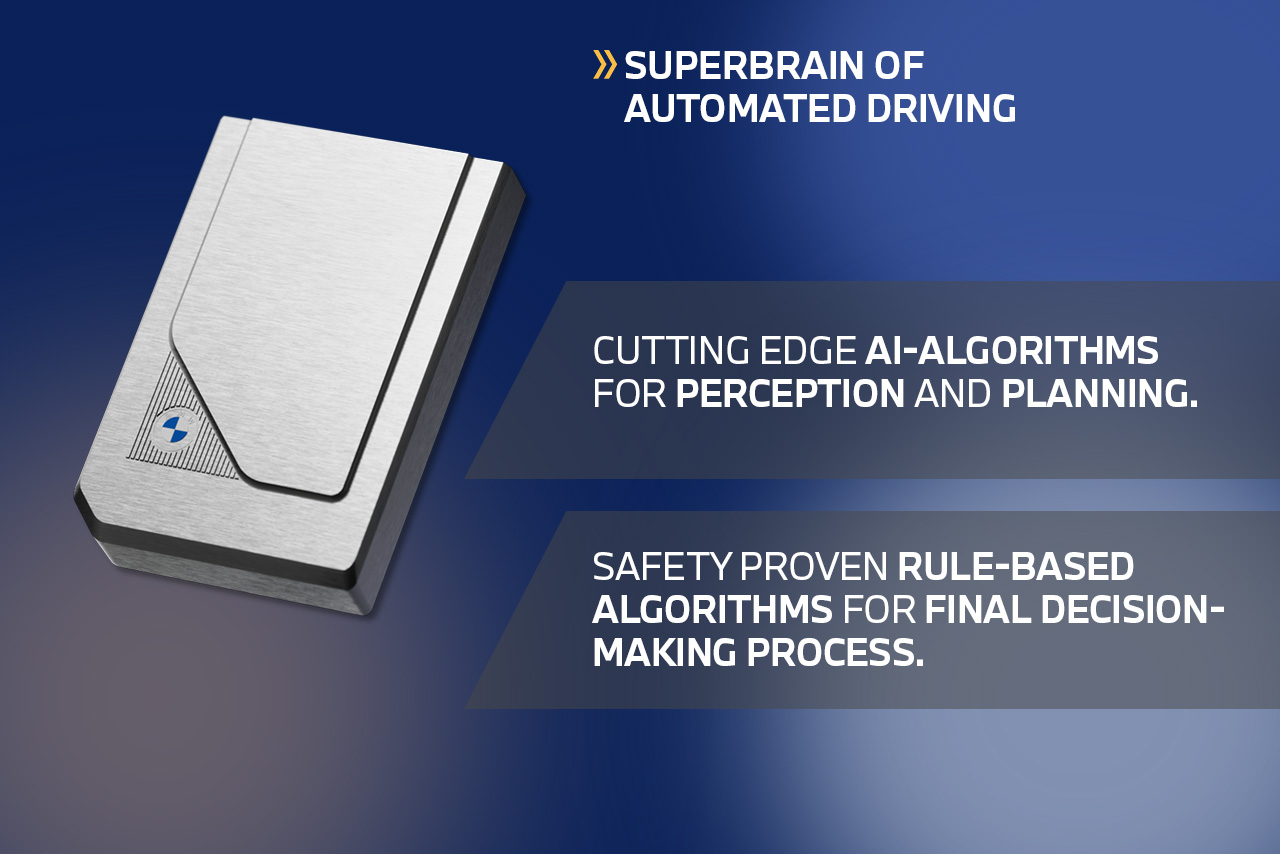 Rectangular silver device with rounded flap on a blue background, alongside text on AI algorithms and rule-based algorithms for automated driving.