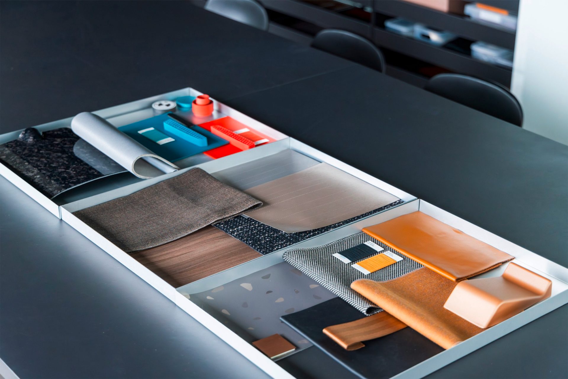 Different materials for car interior placed next to each other
