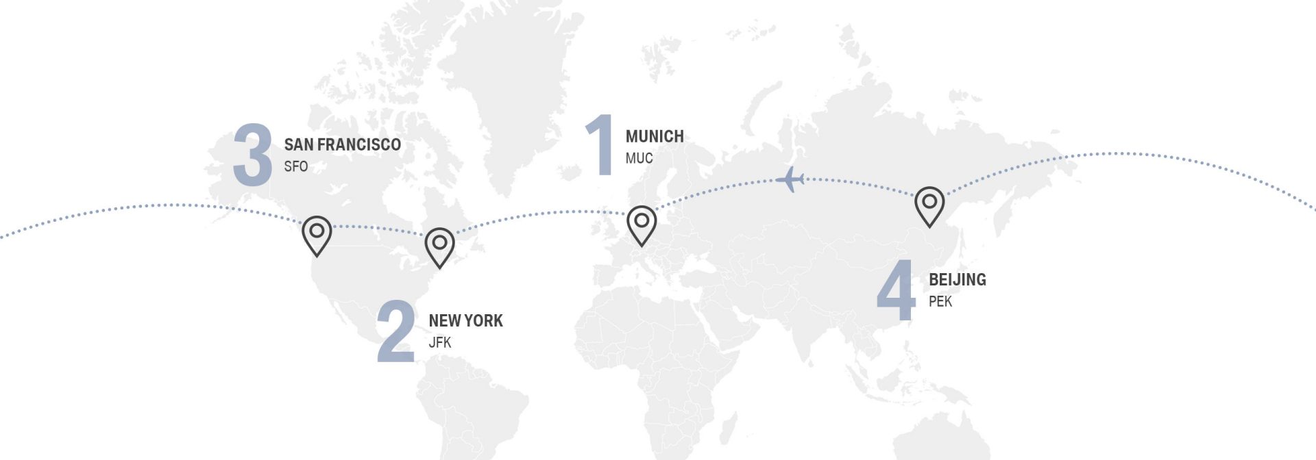 Map with the four destinations of the world flight