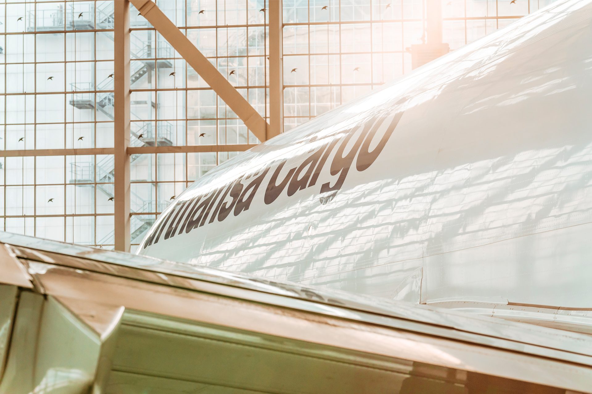 A Lufthansa Cargo aircraft in the hangar, close-up 