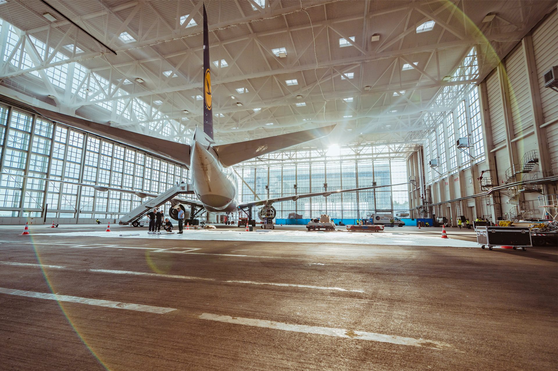 A Lufthansa Cargo aircraft in the hangar