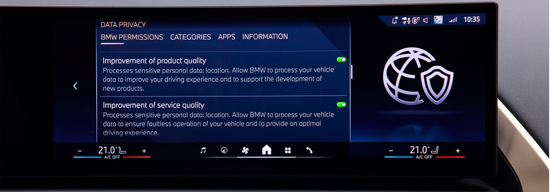 BMW Display showing Data privacy settings