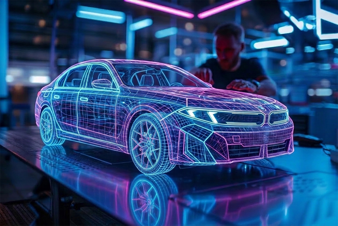 View of a work table on which stands a BMW Coupe made of lines of light, which appears to be controlled manually by a BMW employee. 