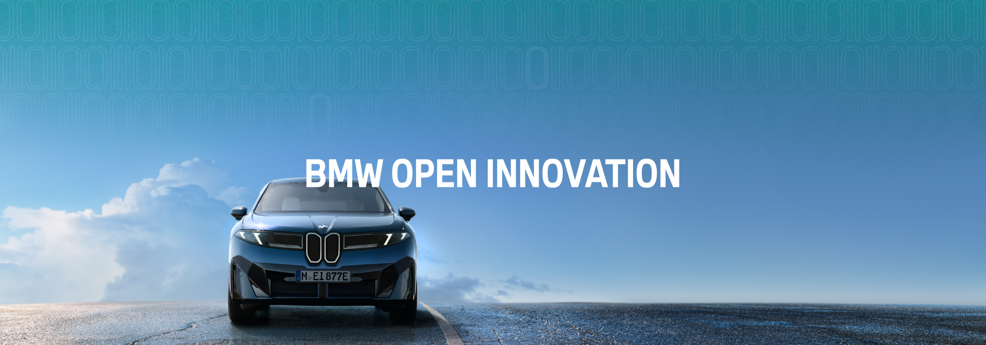 The text “BMW Open Innovation” in large, white letters on an image showing the front view of a BMW iX3 in dark color on a road, with blue sky and clouds in the background.