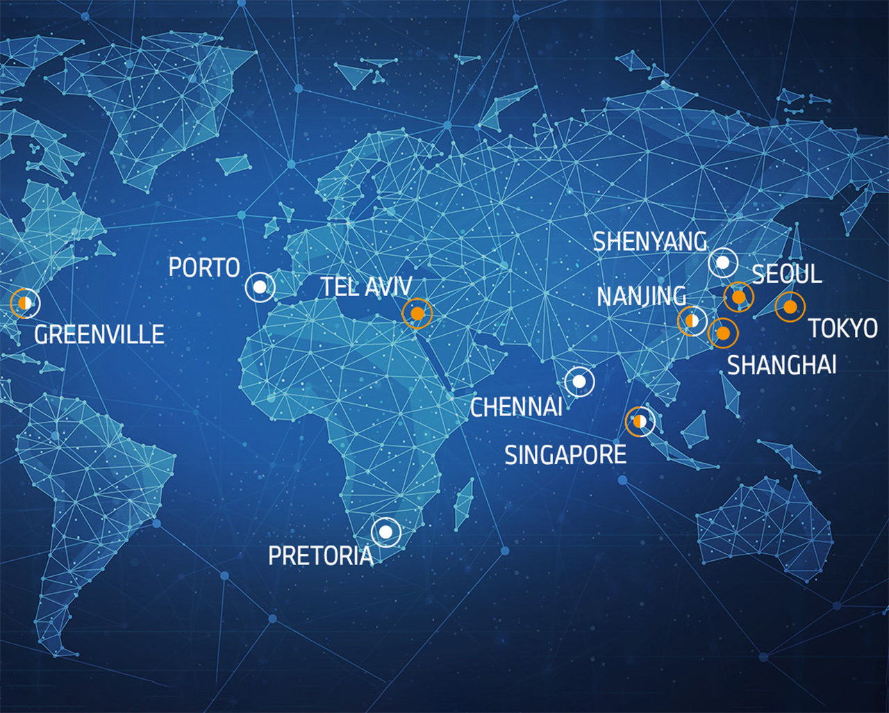World map highlighting the cities Mountain View, Greenville, Munich, and Tel Aviv in white text.