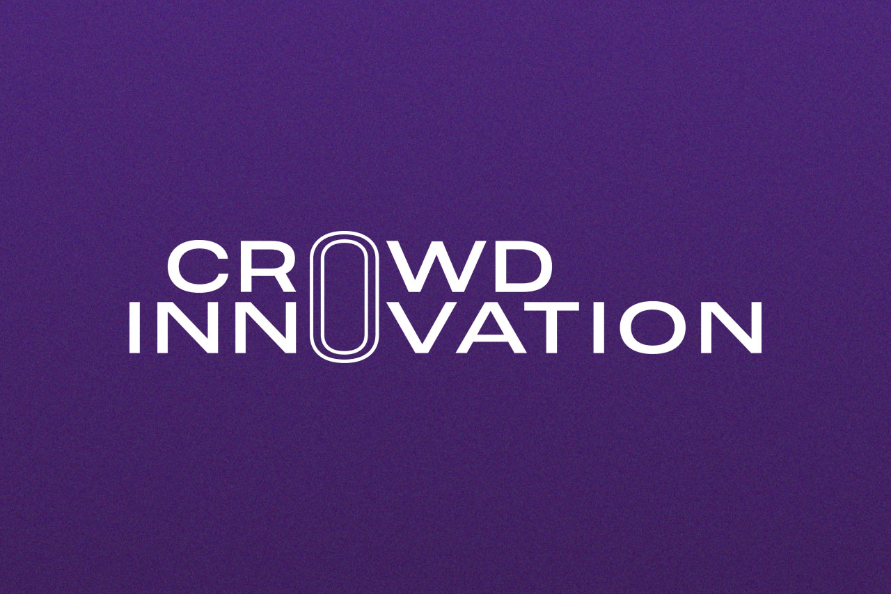 The text Crowd Innovation in white font on a purple background, with an oval symbol between the words.