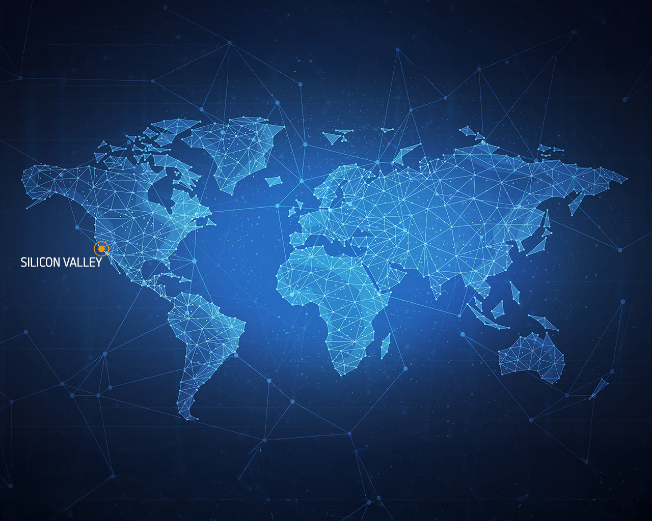 World map with a network of blue lines and dots. Silicon Valley is highlighted in orange.