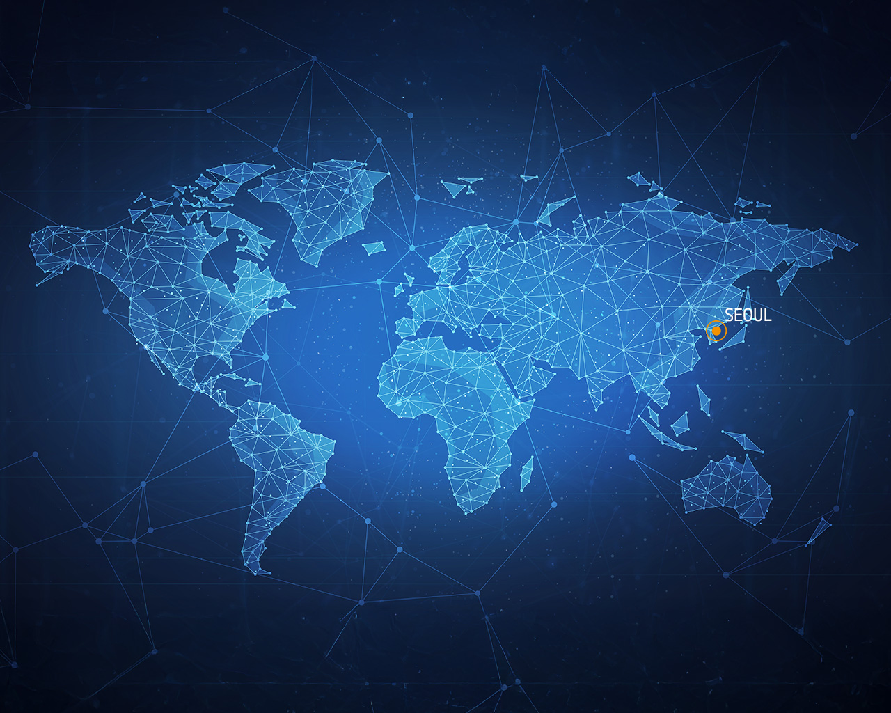 World map with a network of blue lines and dots. Seoul is highlighted in orange.