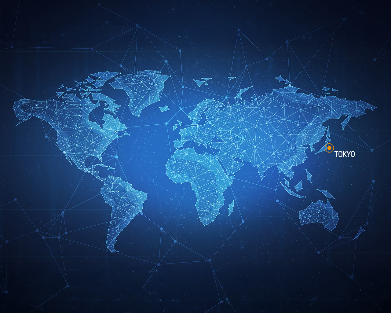 World map with a network of blue lines and dots. Tokyo is highlighted in orange.